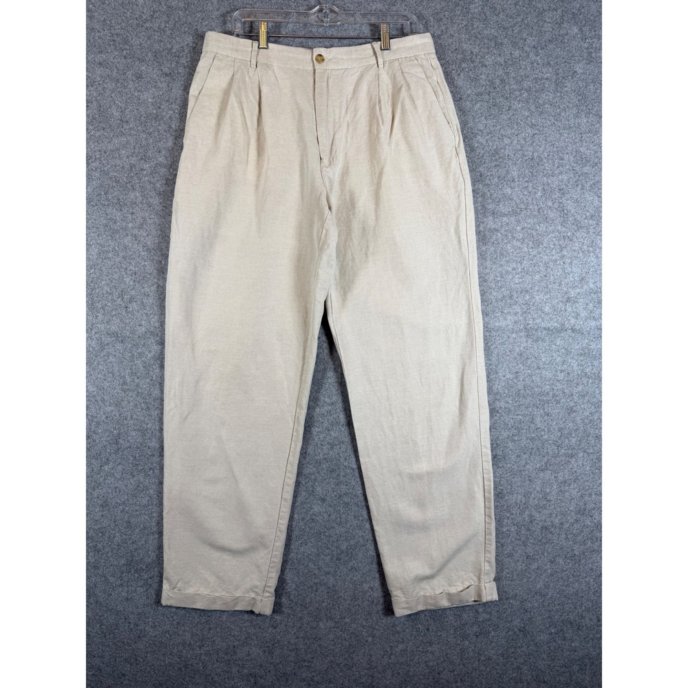 Club Room Pleated Linen Cotton Pants Mens 34x34 Beige Excellent Vintage Style